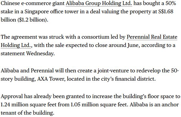 , Alibaba Buys 50% Stake in Singapore Office Building