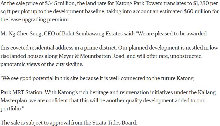 , Katong Park Towers sold to Bukit Sembawang Estates for $345 million